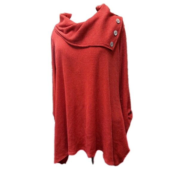 Ali Miles Sweater Top Red Buttoned Cowl Neck Roll Tab Sleeve Knit Tunic - Picture 1 of 9